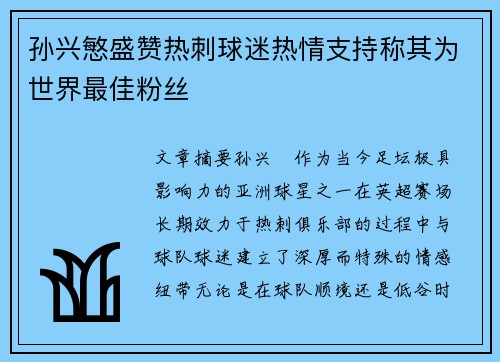 孙兴慜盛赞热刺球迷热情支持称其为世界最佳粉丝