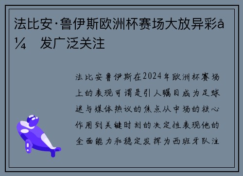 法比安·鲁伊斯欧洲杯赛场大放异彩引发广泛关注